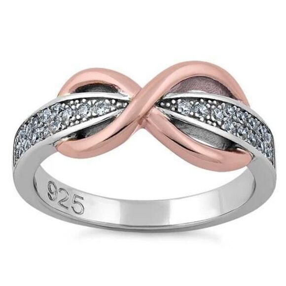 Sterling Silver Two-Tone Rose Gold Infinity Pave CZ Ring Womens Jewelry New - Picture 2 of 5